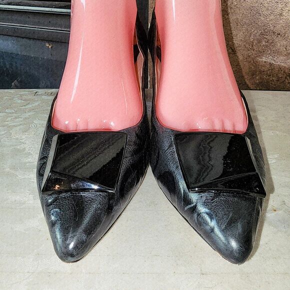 CAROLINNA ESPINOSA CELINE 8.5 Black Embossed Leather Slip On Swirl Classy Heels - Picture 3 of 16